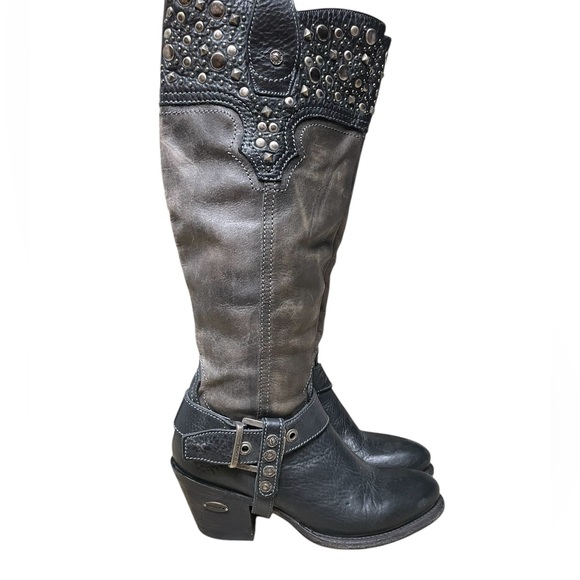 MURO Magda Women's Knee High Distressed Studded Western Leather Harness Boots 6 - Picture 10 of 15